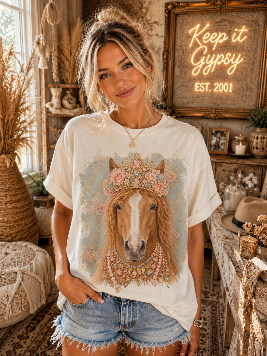 Horse Wallpaper Cream Graphic Tee 2023: 2-x-large