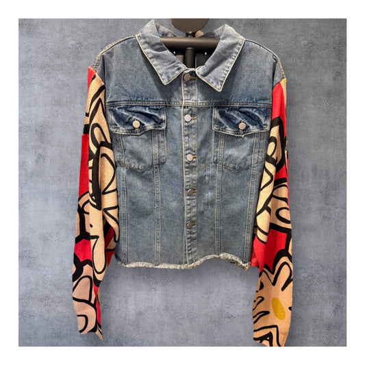 Flower Power Upcycled CROPPED Denim Jacket Sweater One Size Fits a Small to XXL