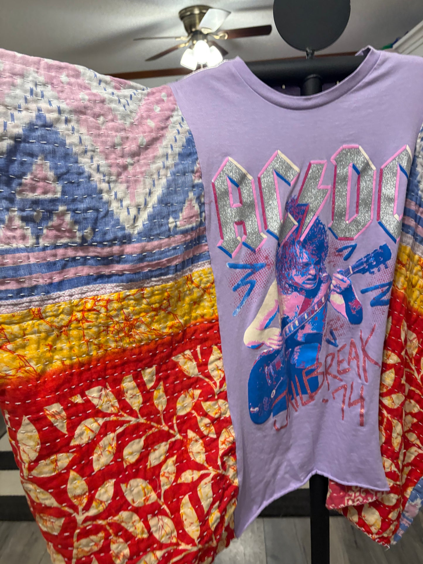 AC/DC Upcycled Kantha Closed Side Poncho Fits a Small to 3X Super Oversized