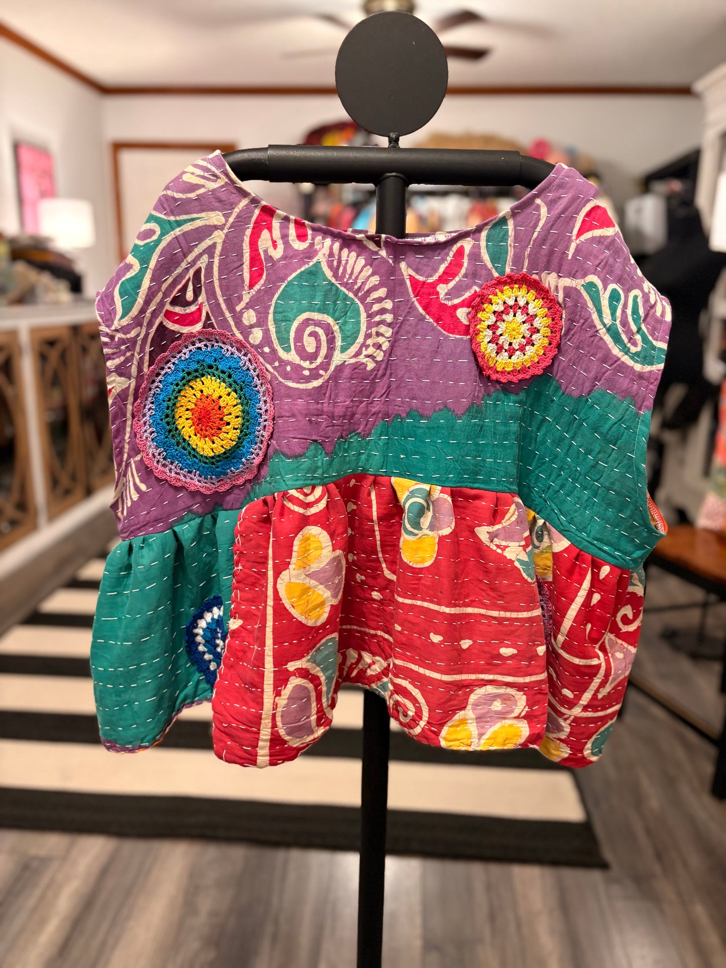 Hannah Vintage Kantha and Crochet Top One Size Fits a Small to XL