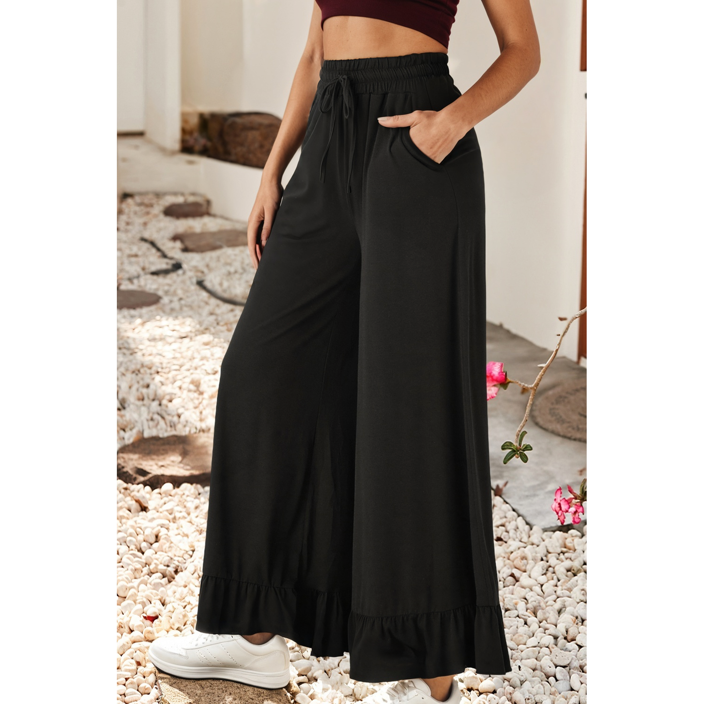 LDC Ruffled Wide Leg Pull On High Waist Pants: Black / L