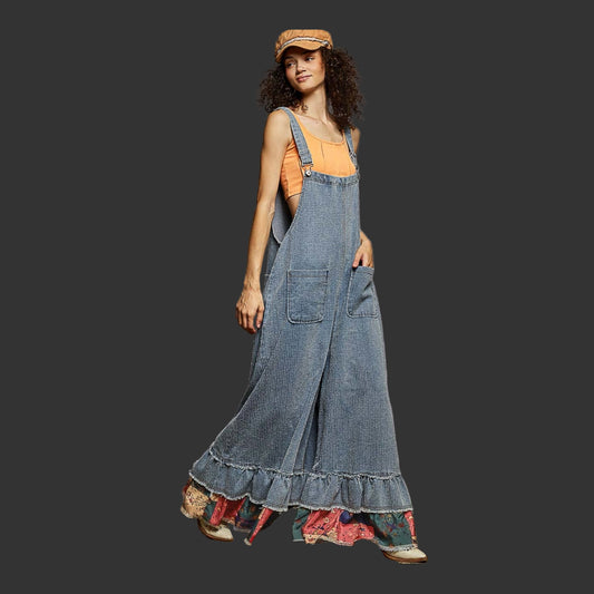 Striped Denim Ruffled Bottom Overalls