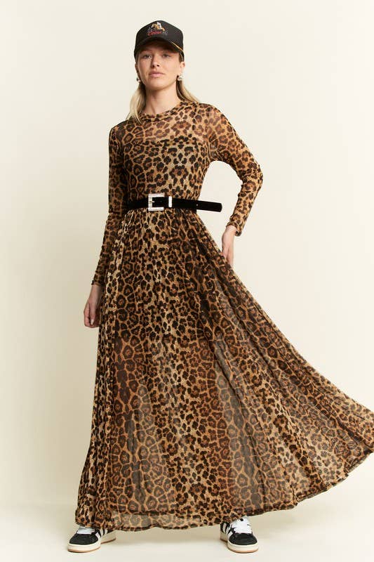 ANIMAL PRINT MESH MOCK DRESS: MOCHA BROWN