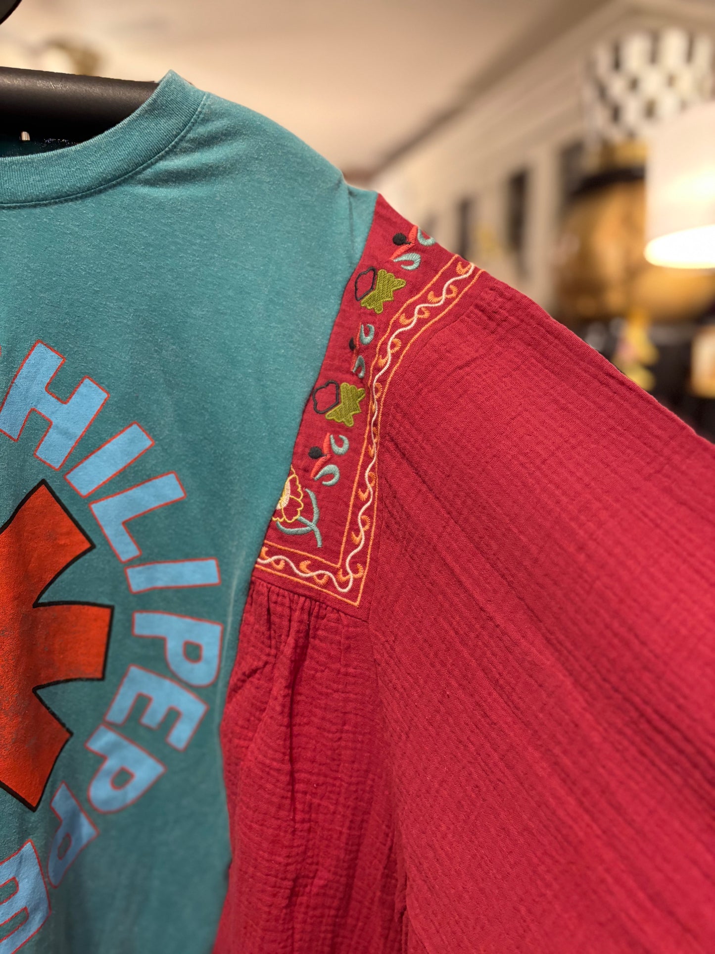 Red Hot Upcycled Drop Sleeve Embroidered Dolman Tee One Size Fits An XL to 4X Oversized