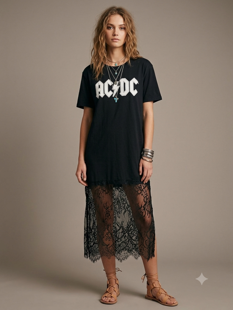 Let’s Rock Lace Bottom Tee Dress OVERSIZED Fits a Small and Large