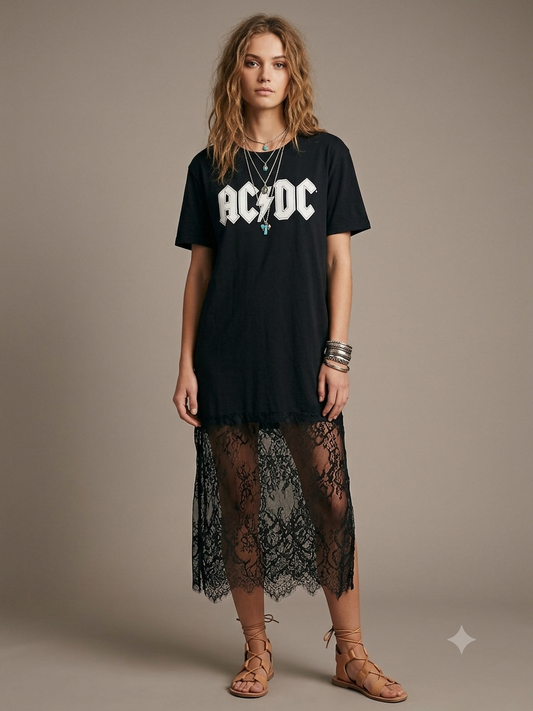 Let’s Rock Lace Bottom Tee Dress OVERSIZED Fits a Small and Large