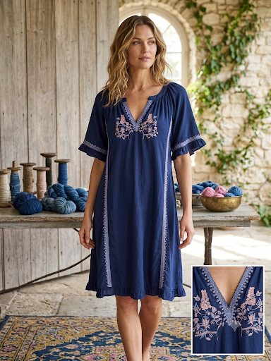 Embroidered Vneck Dress Large