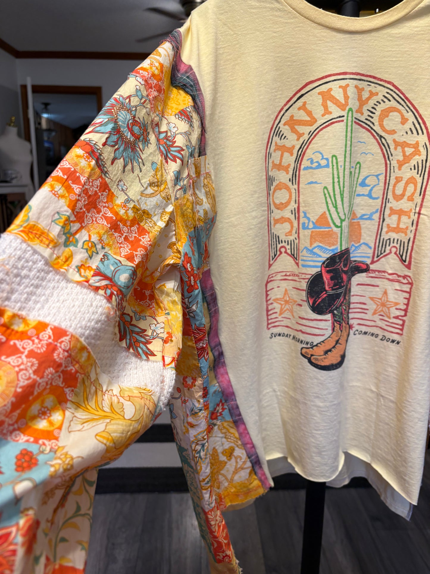 Walk The Line Upcycled Frayed Patchwork Tee One Size Fits a Large to 3X