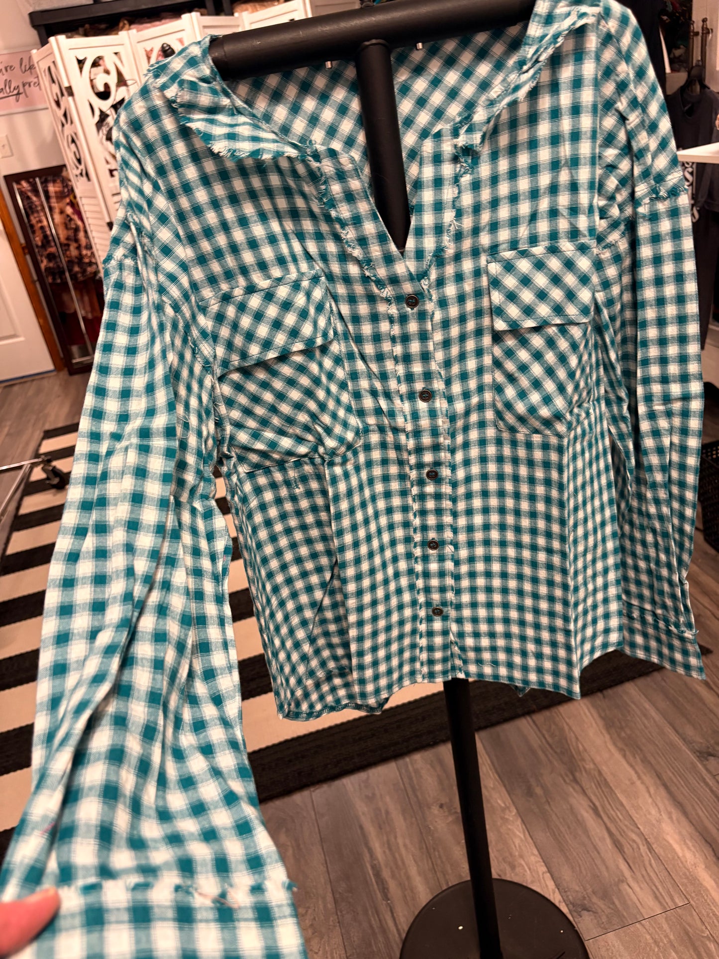 Teal Gingham Button Down Large