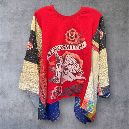 Aerosmith Upcycled Vintage Kantha Poncho Tee Fits A Small to XXL Comfortably