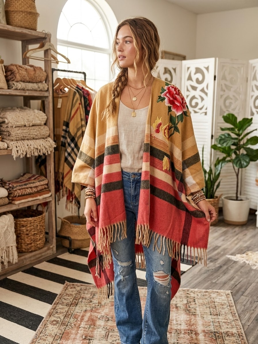 Flora Plaid  Hand Embroidered Cape by Aratta One Size Fits a Small to 3X