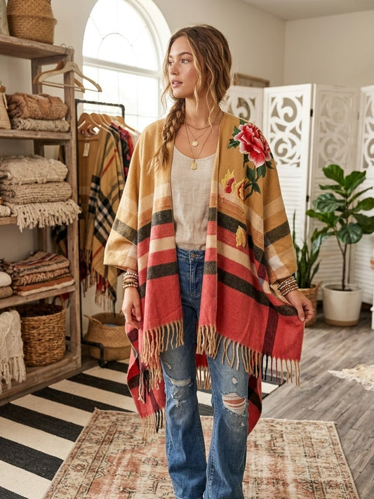 Flora Plaid  Hand Embroidered Cape by Aratta One Size Fits a Small to 3X