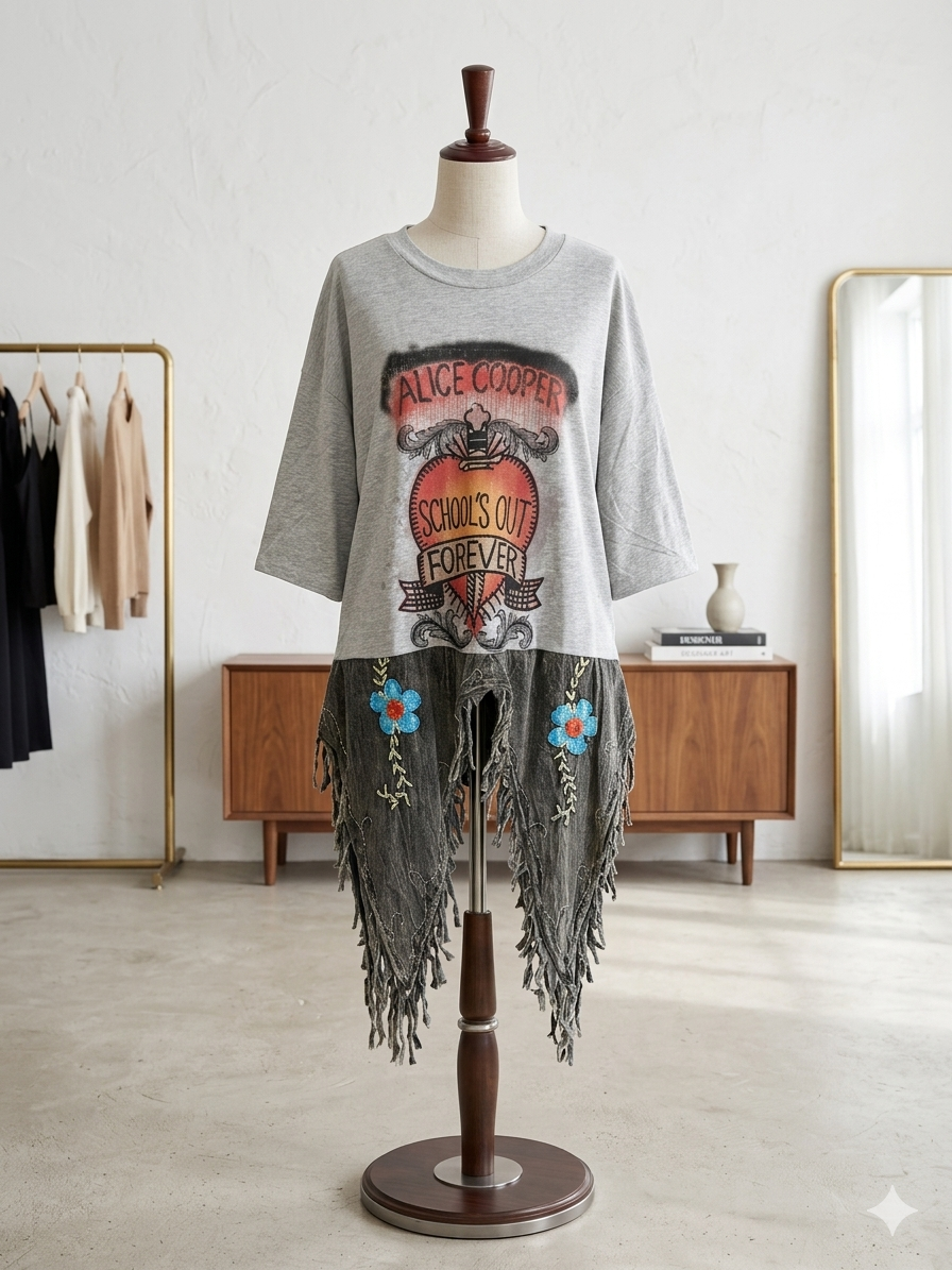 Schools Out Upcycled Fringed Bottom Tee Dress Fits a Small to 2X