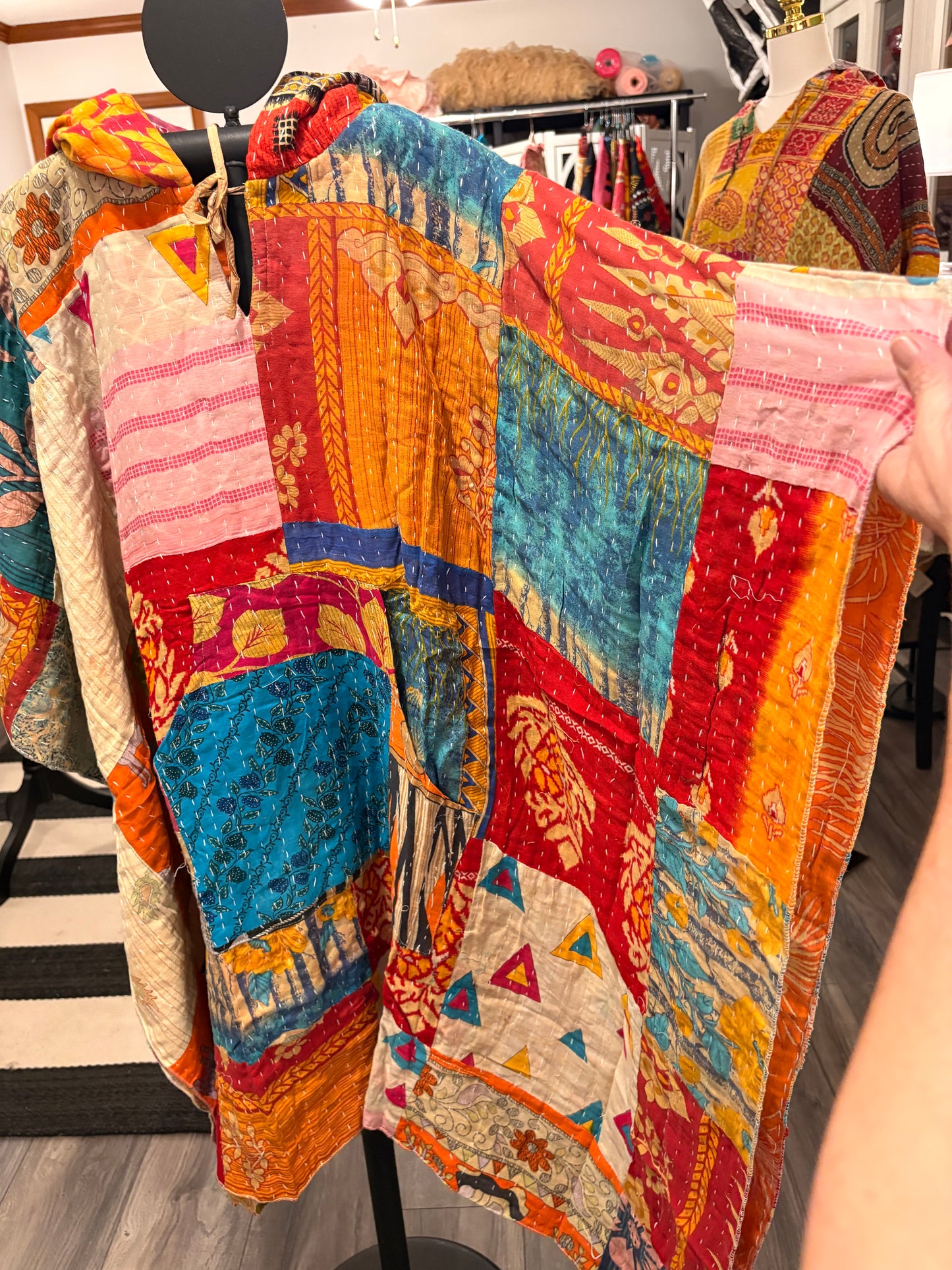 Faith Vintage Kantha Fabric Hood Oversized Poncho Top Dress One Size Fits Most