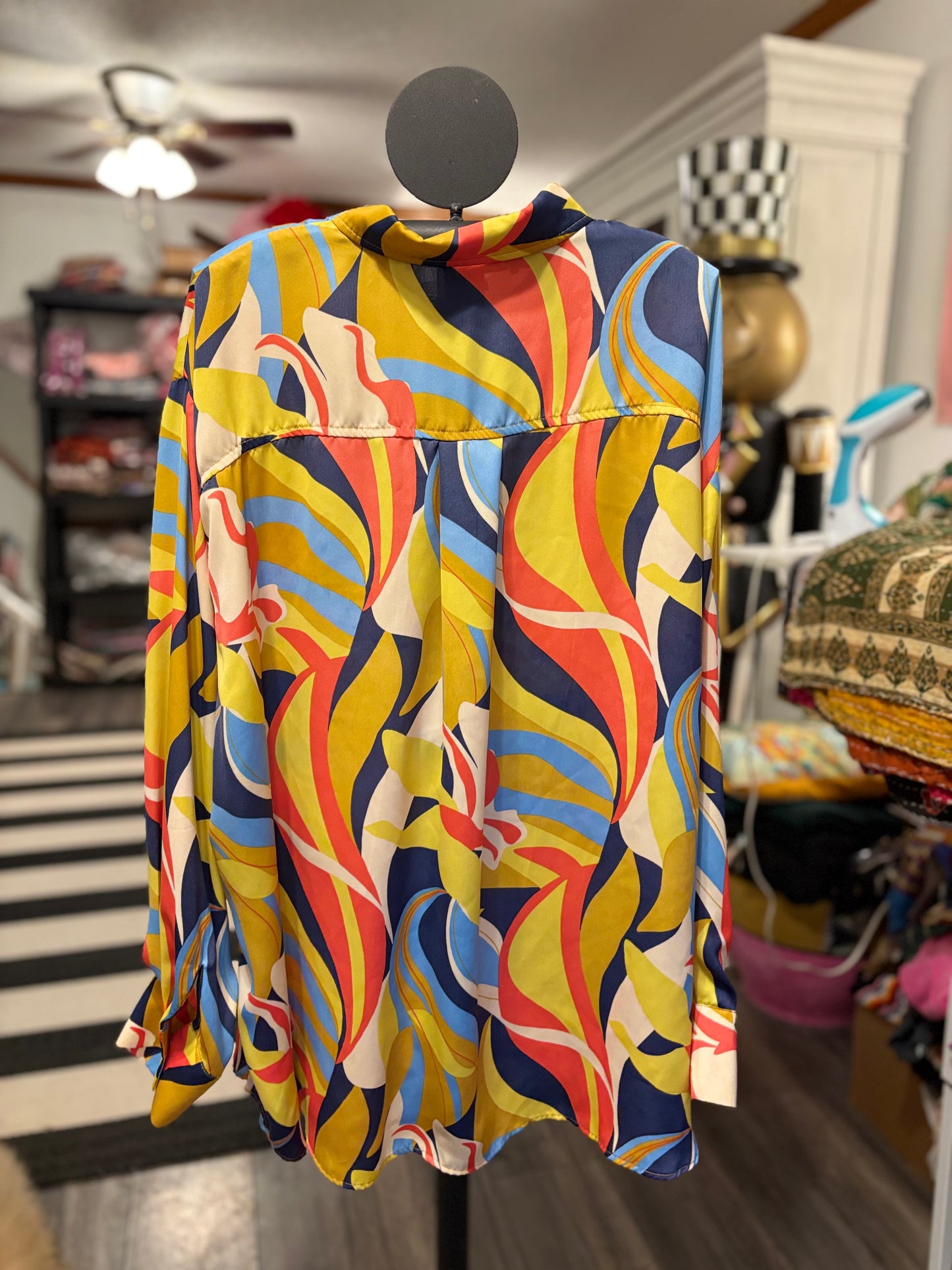 Easel Mirabelle Blue Mustard Satin Blouse Plus Size