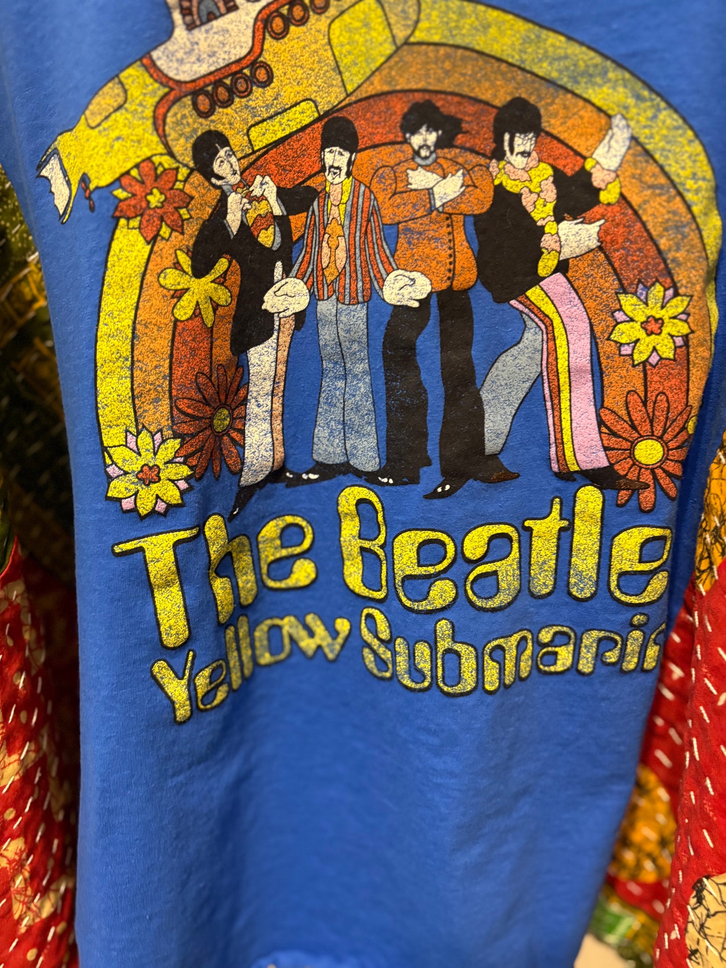 Yellow Submarine Upcycled Vintage Kantha Poncho Tee Fits A Size Small to 3X