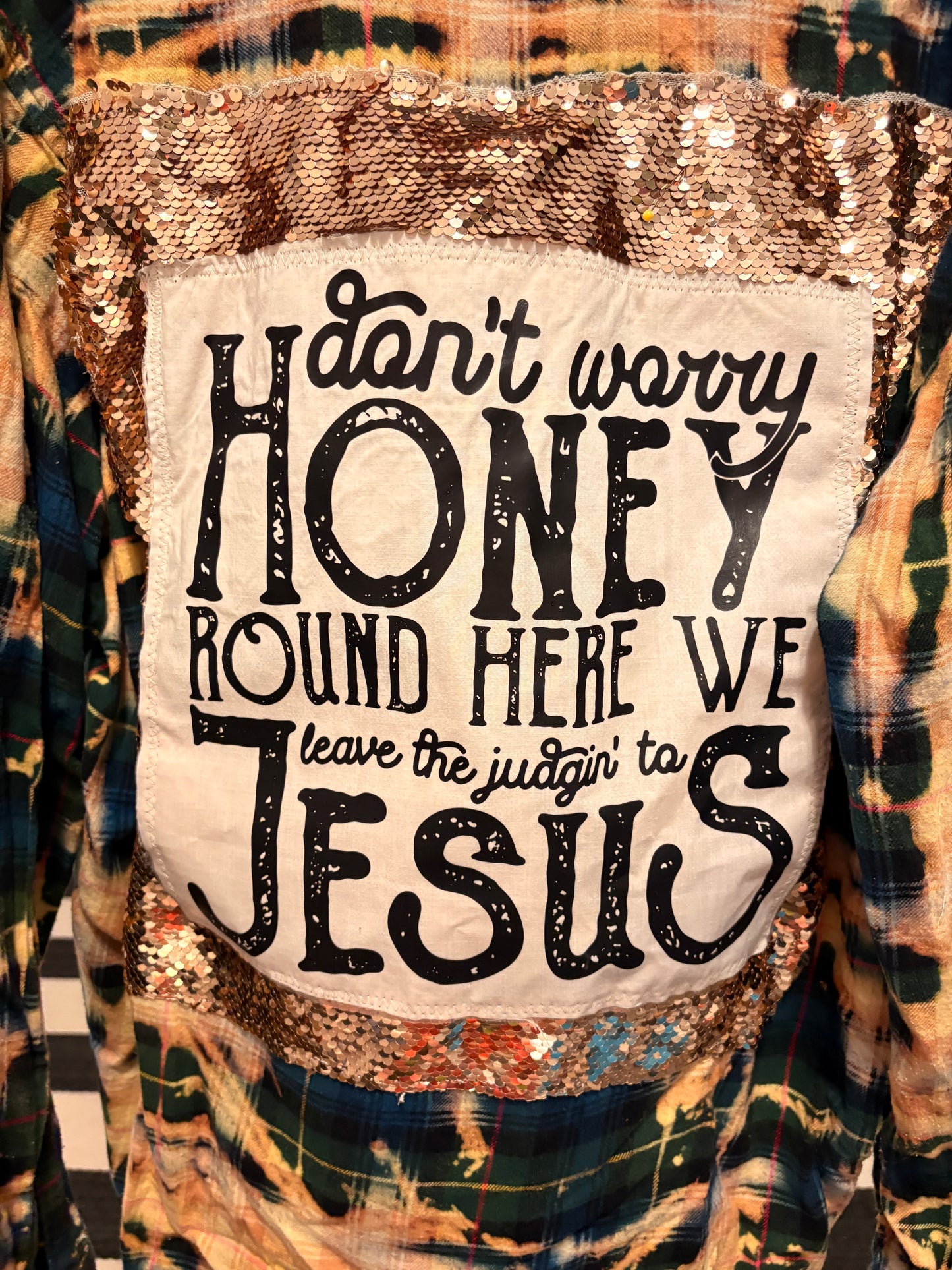 Honey Jesus Flashy Flannel with Sequin Panel Small to XL 4-16