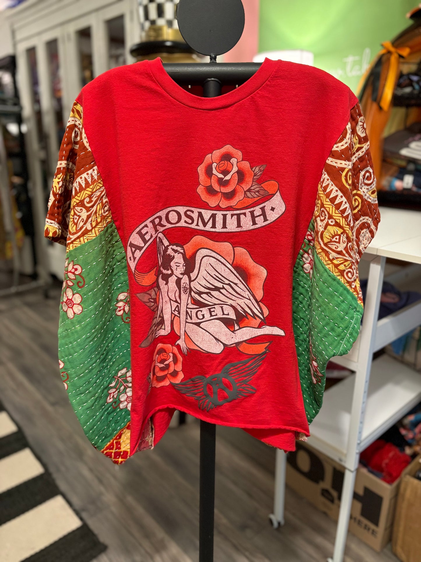 Aerosmith Upcycled Vintage Kantha Poncho Tee Fits A Size Small to XXL
