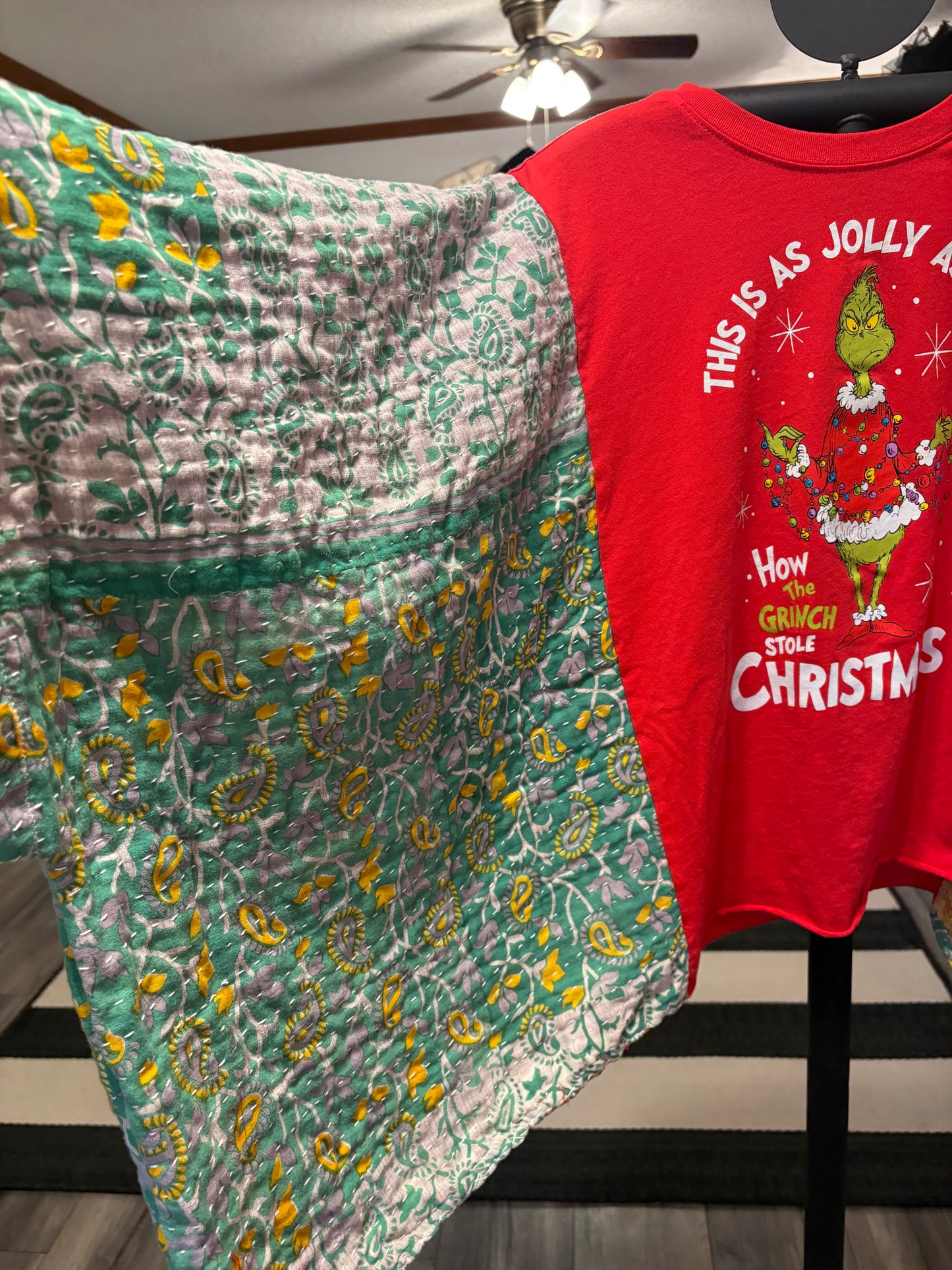 Jolly Grinch Upcycled Vintage Kantha Poncho Tee One Size Fits a Small to XXL