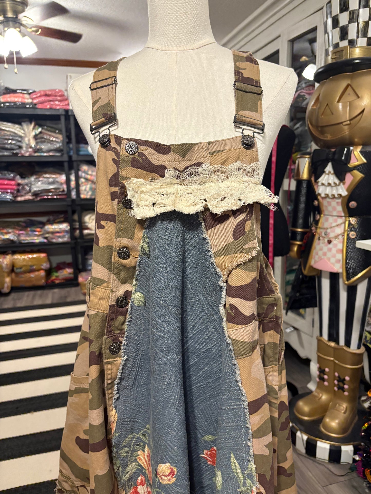 Classy Camo Upcycled Patchwork Overall Dress One Size Fits a Small to XL