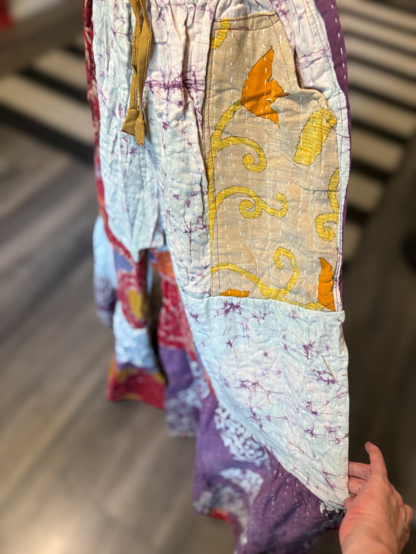 Raven Kantha Flowy Tiered Reversible Palazzo Pant with Pockets: One Size Fits Size 6-16