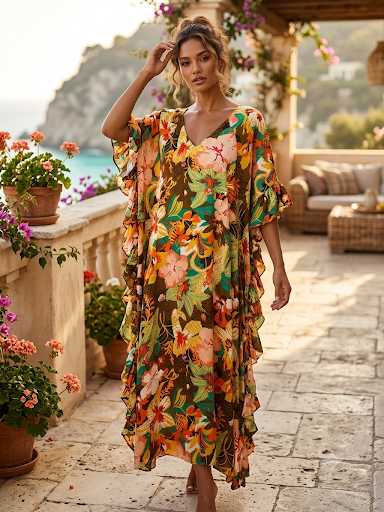 Green Tropical Ruffle Kaftan