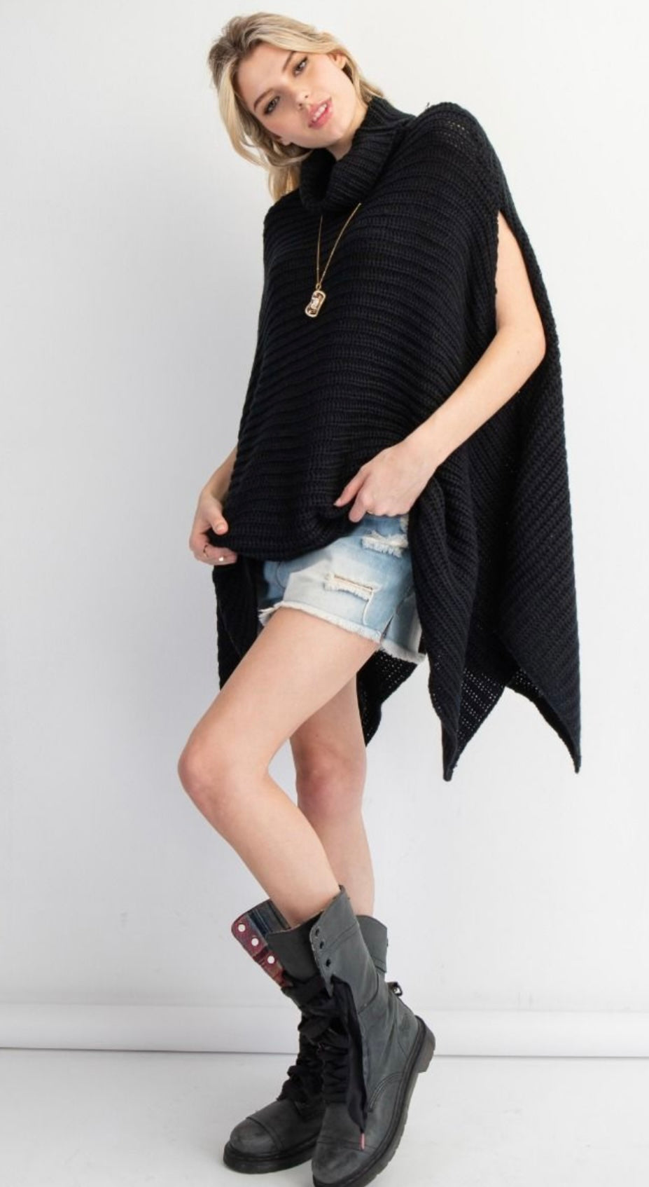 Black Knit Turtleneck Poncho