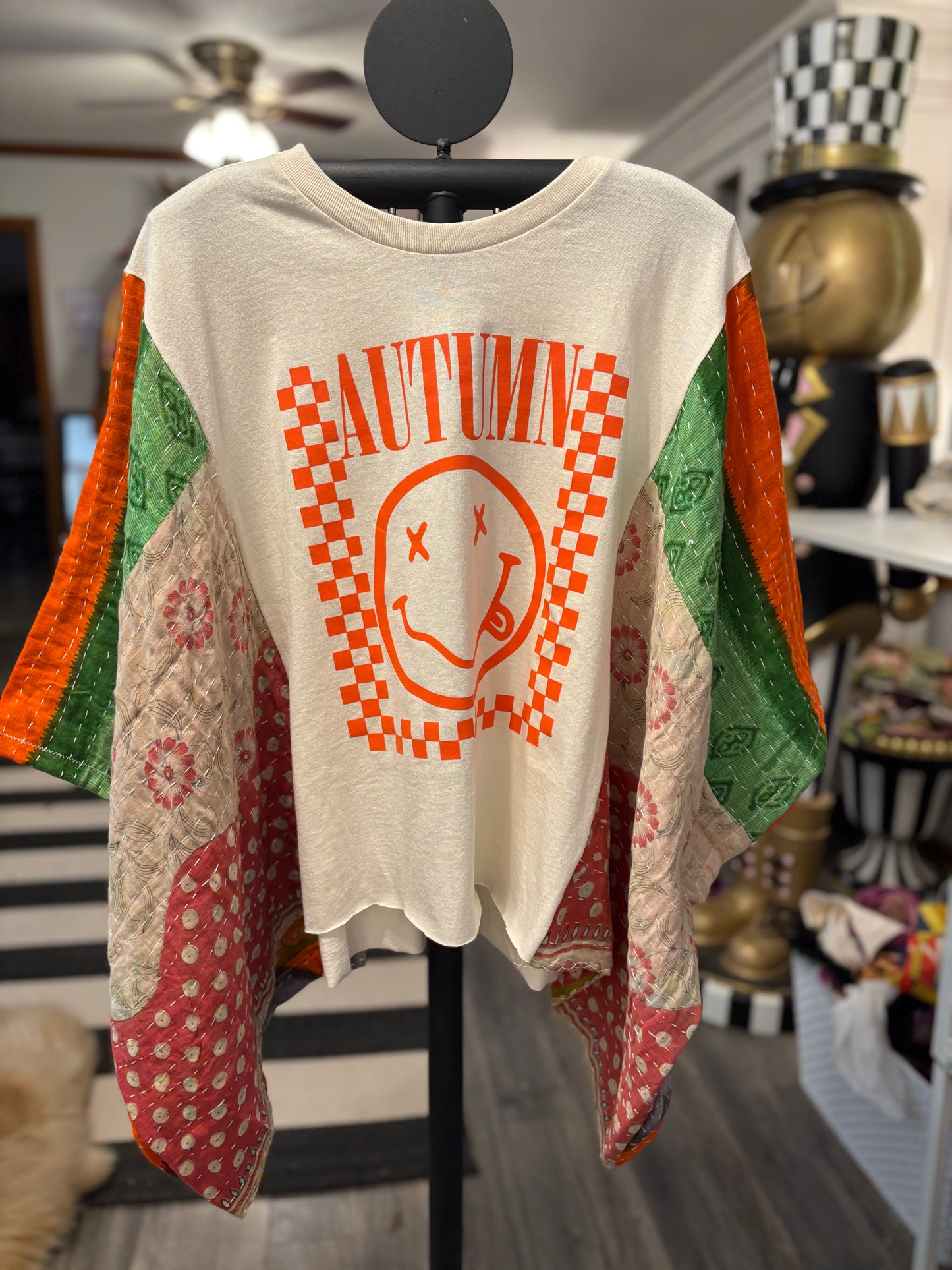 Autumn Upcycled Vintage Kantha Poncho Tee Fits A Size Small to XL