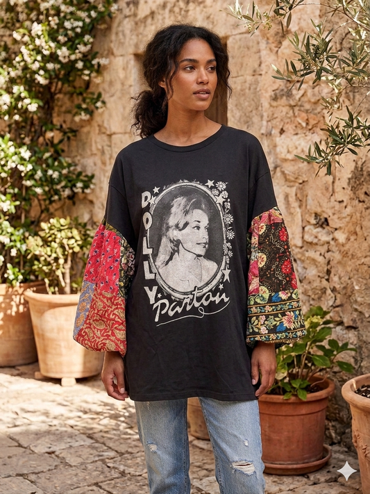 Young Dolly Flare Patchwork Sleeve Tee Fits a Small to 2X