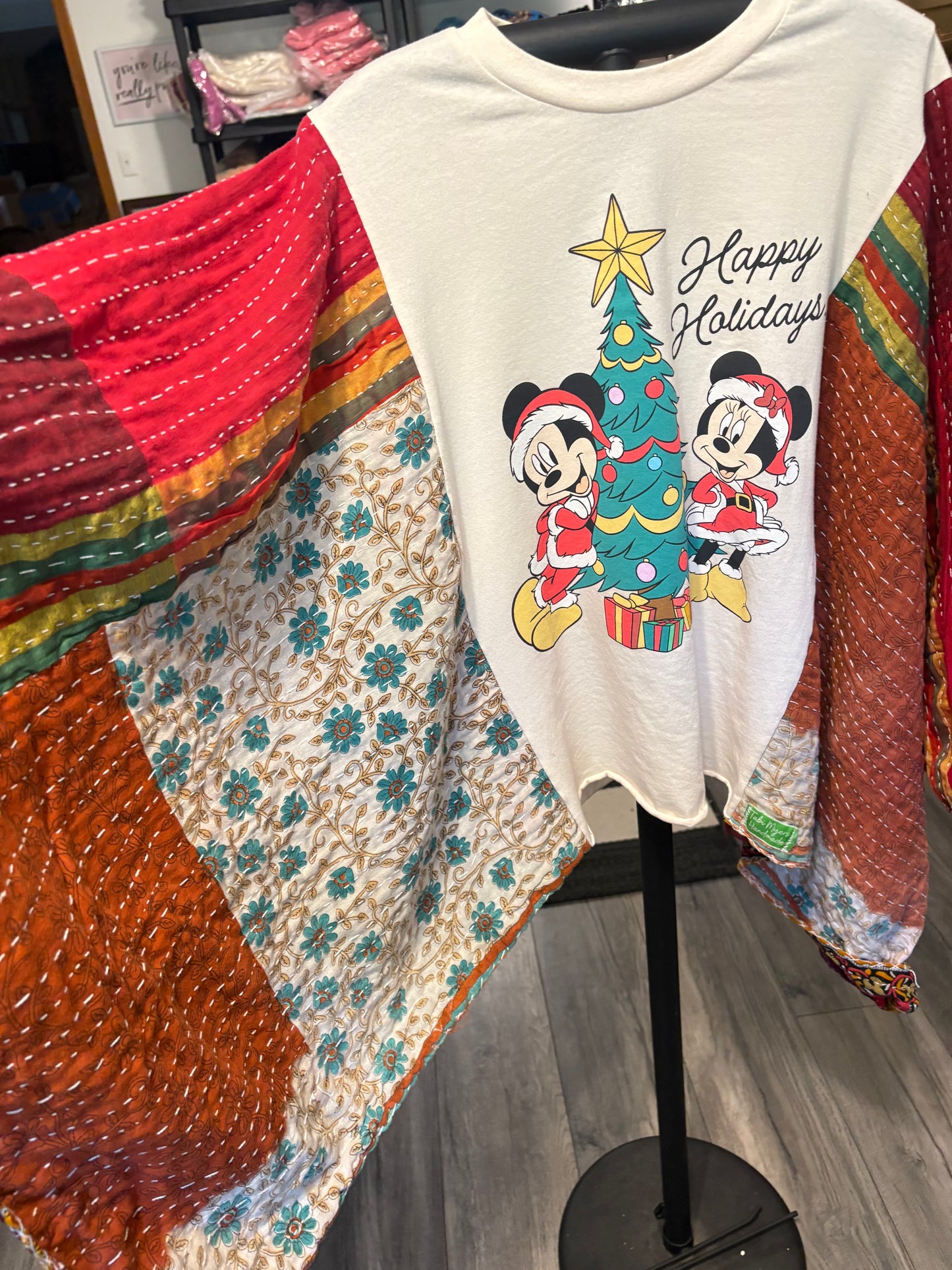 Mickey Christmas Upcycled Vintage Kantha Poncho Tee Fits A Size Small to XXL