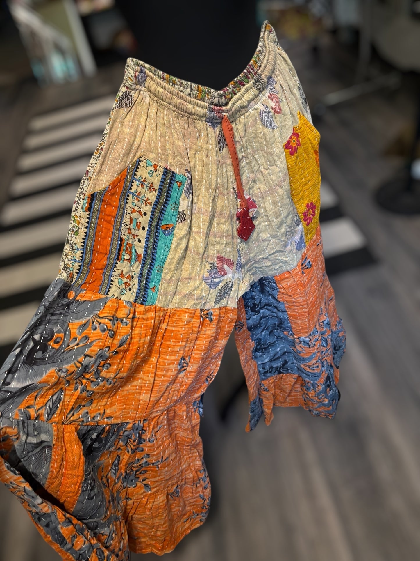 Corrin Kantha Flowy Tiered Reversible Palazzo Pant with Pockets: One Size Fits Size 6-16