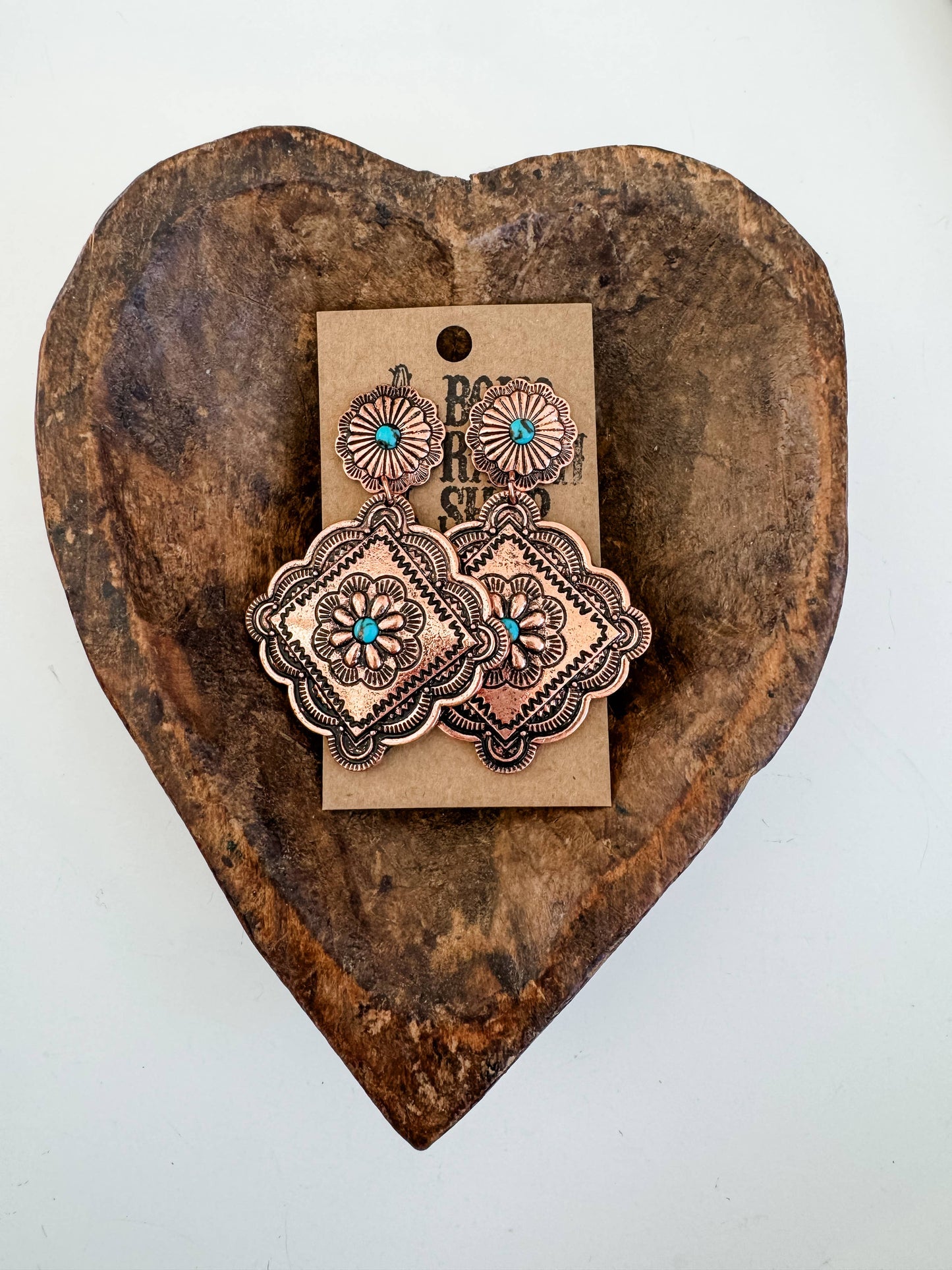 Western Textured Dangle Concho Earrings: SILVER - TURQUOISE
