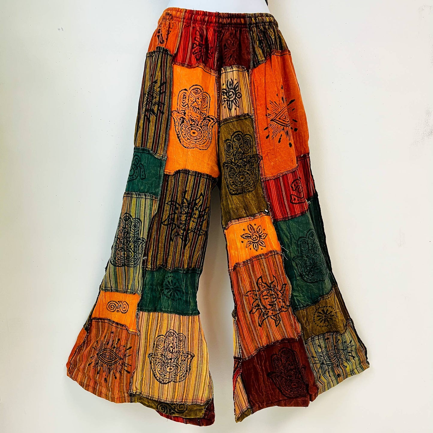 Patchwork Unisex Boho Wide Leg Palazzo Pant: Orange / Plus Size