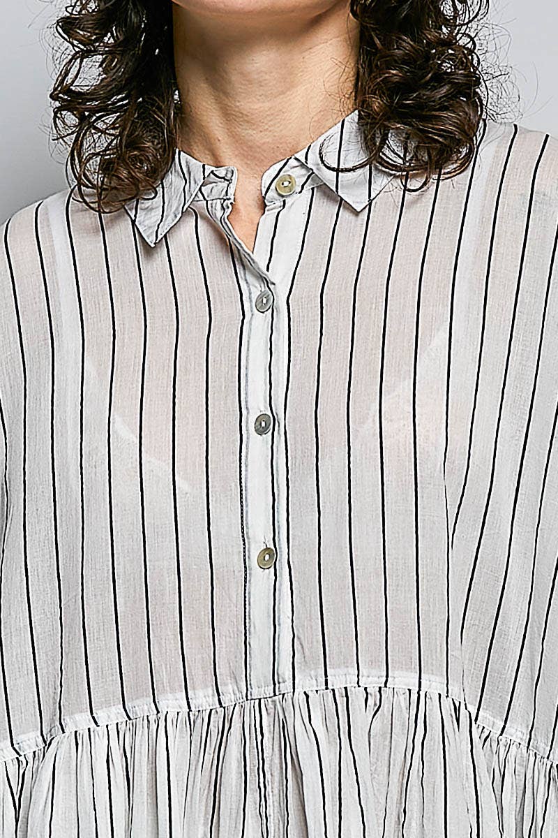 Striped Long Sleeve Collard Shirt Woven Dress : RED STRIPE / S