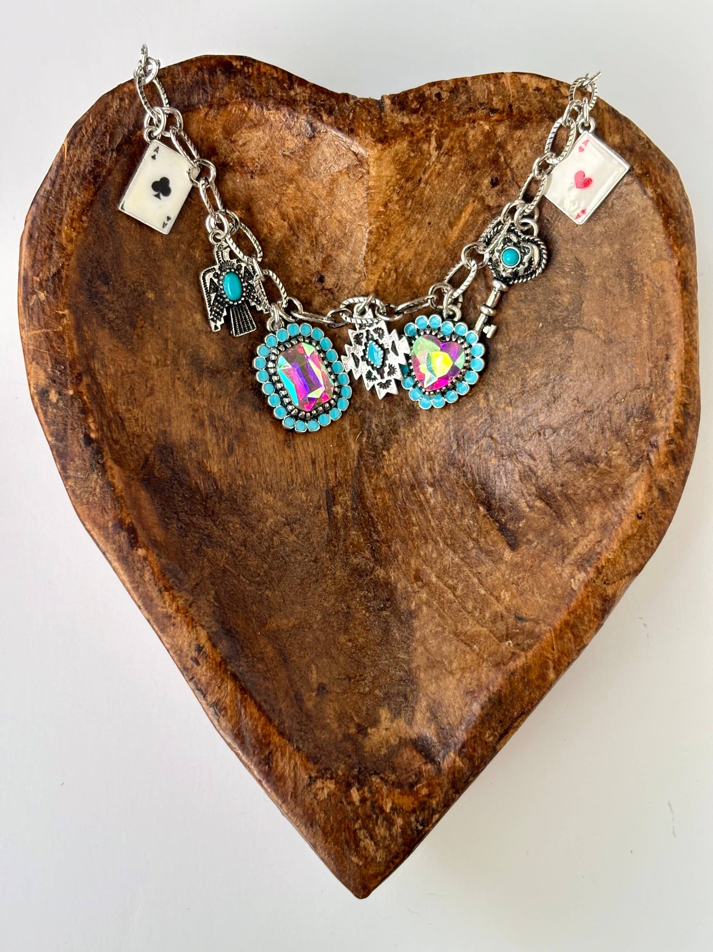 Western Style Stone Multi Charm Chunky Chain Bracelet : Heart Heart