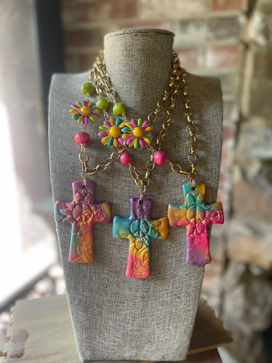Pottery hand painted Cross with daisy  Necklace