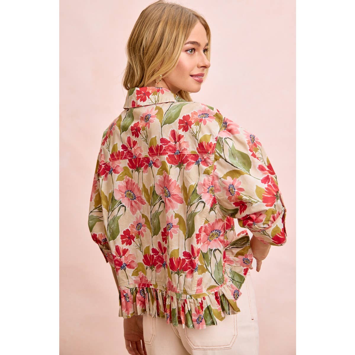 FLORAL PRINT RUFFLED HEM QUARTER SLEEVES SHIRT TOP: FLORAL / S