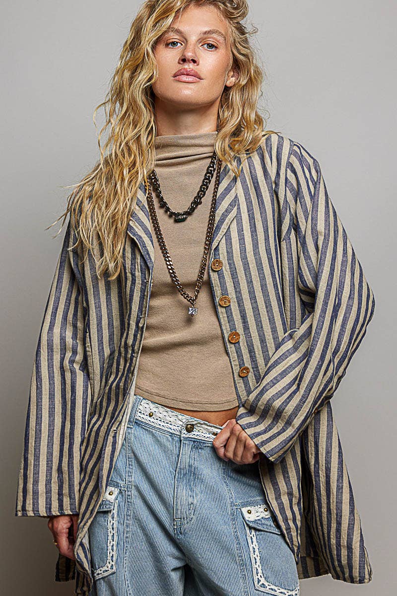 Stripe Pattern Asymmetrical Hem Lapel Style Woven Jacket: BLUE MULTI