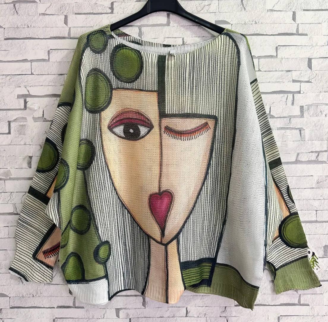 VI239 Olive "Picasso" Round Knit Printed Sweater