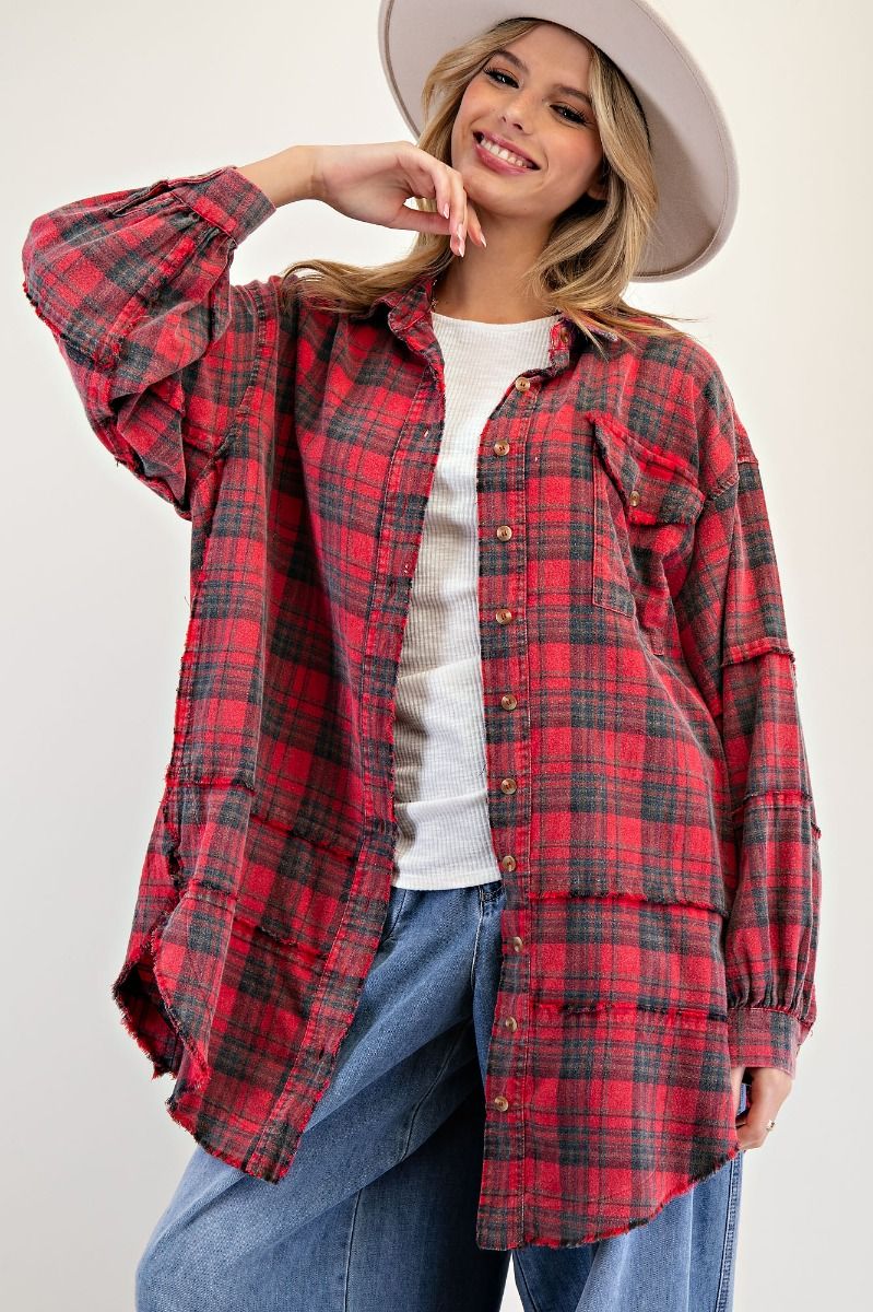 Red Plaid Frayed Long Flannel