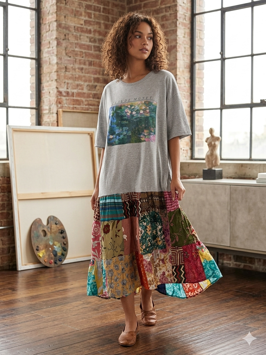 Water Lillies Upcycled Vintage Patchwork Tee Dress Fits a Small to 2X