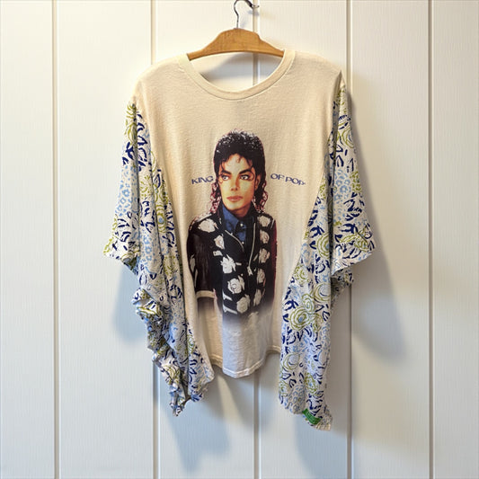 Michael Jackson Upcycled Drop Ruffle Sleeve Tee One Size Fits a Large to 3X
