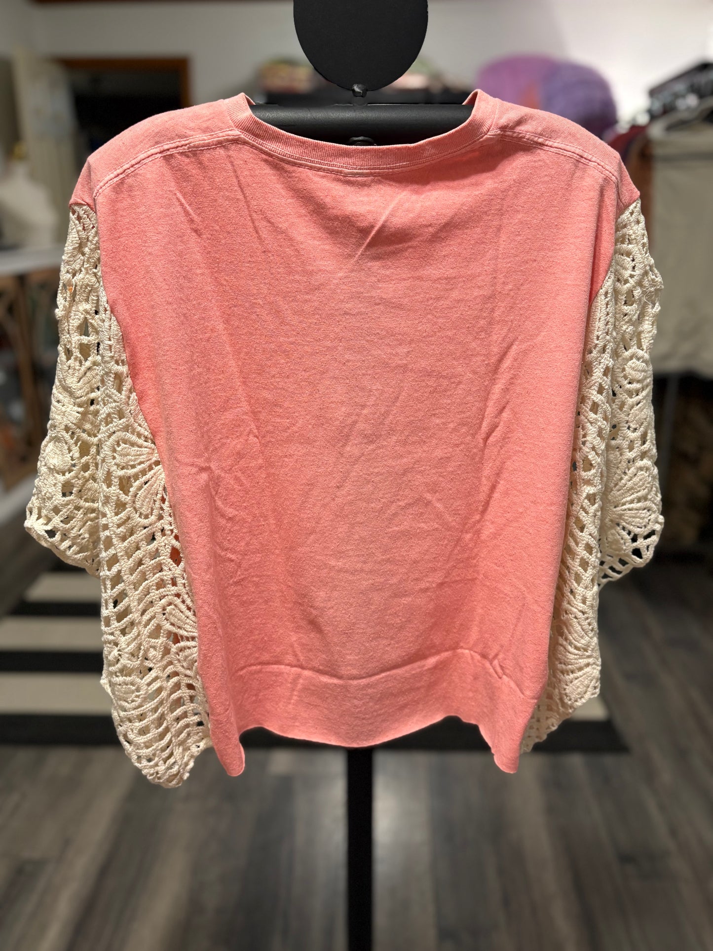Degas Upcycled Drop Sleeve Crochet Tee One Size Fits a Small to Large SHORT Length