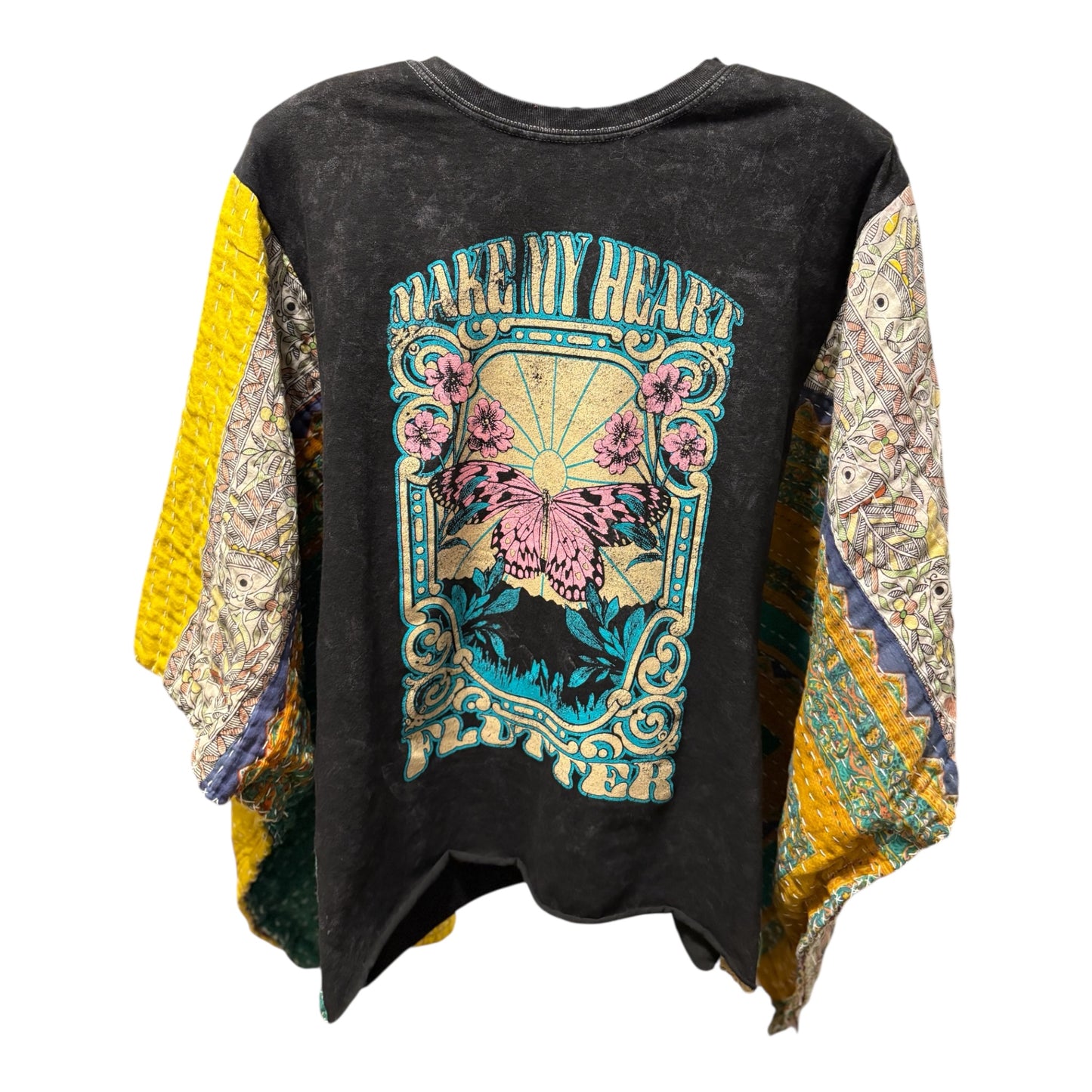Flutter Upcycled Vintage Kantha Poncho Tee Fits A Size Small to XXL
