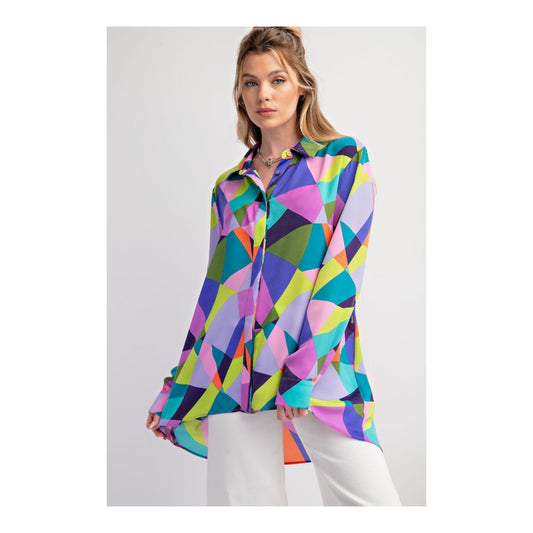 Purple Geo Satin Button Down Shirt