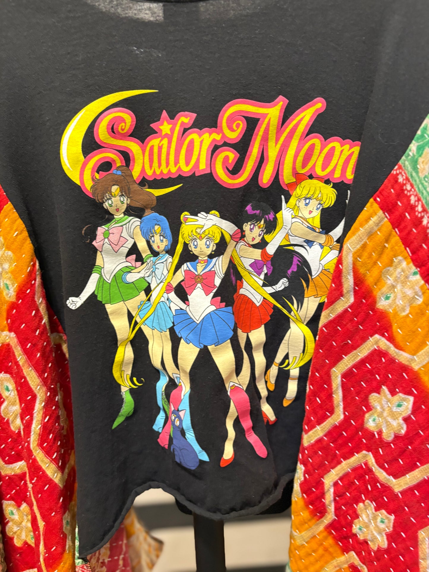 Sailor Moon Upcycled Vintage Kantha Poncho Tee Fits A Size Small to XXL CROPPED