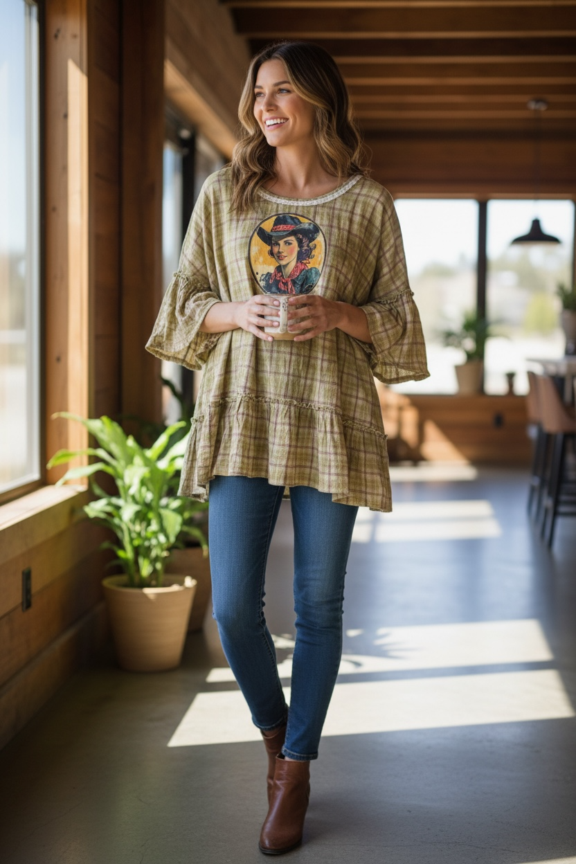 Prairie Girl Upcycled Ruffle Plaid Top OVERSIZED Fits a 2-3X