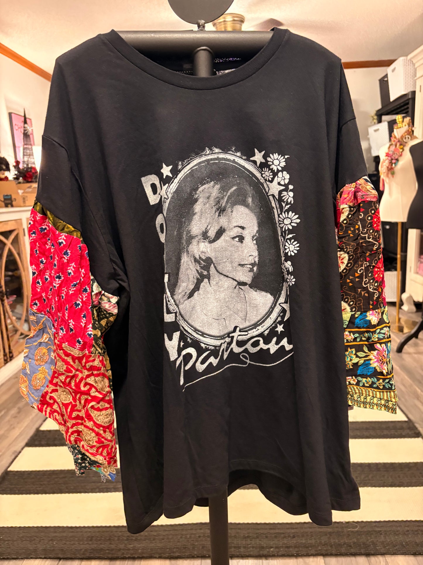 Young Dolly Flare Patchwork Sleeve Tee Fits a Small to 2X
