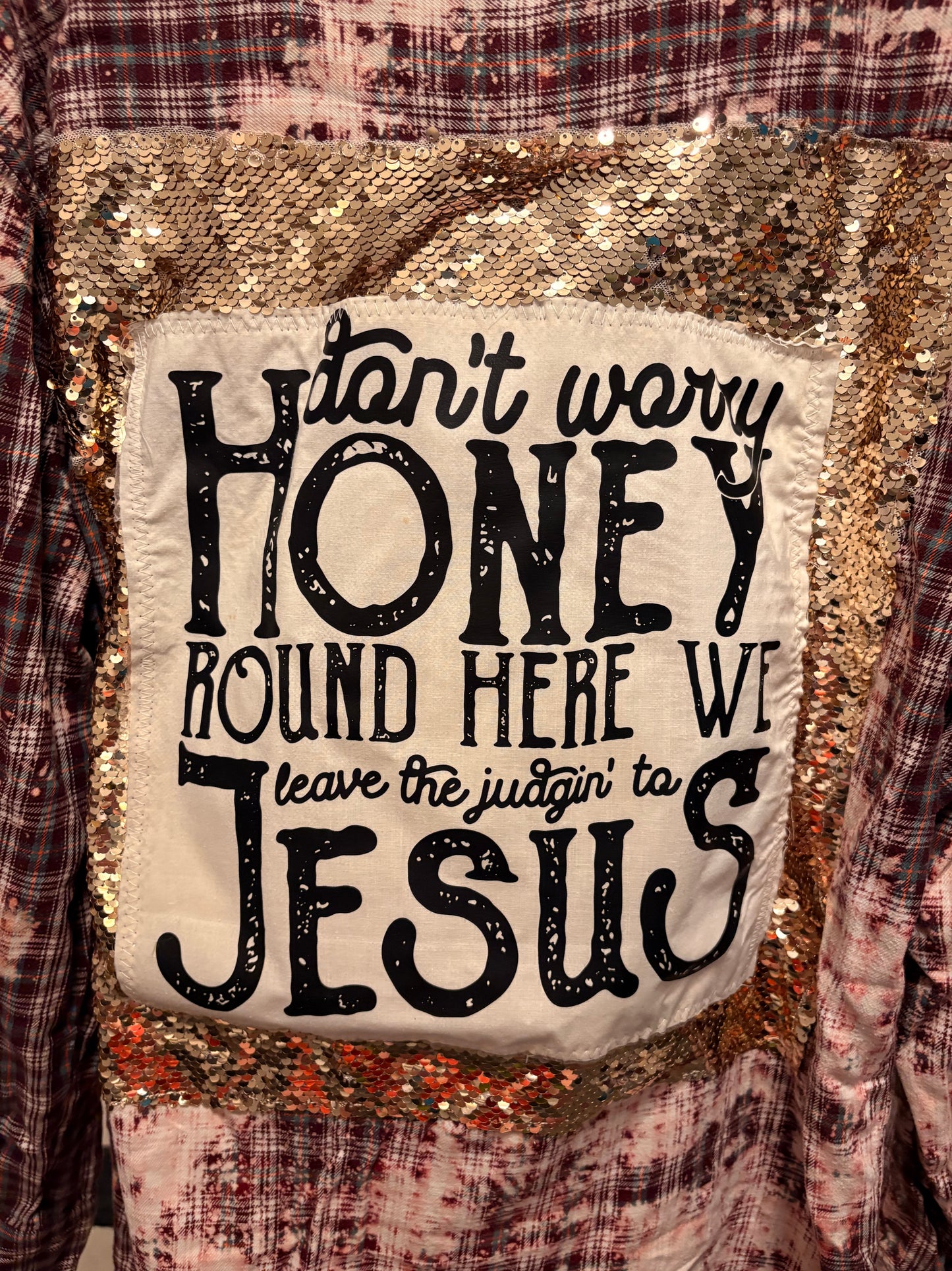 Honey Jesus Flashy Flannel with Sequin Panel Small to XL 4-16