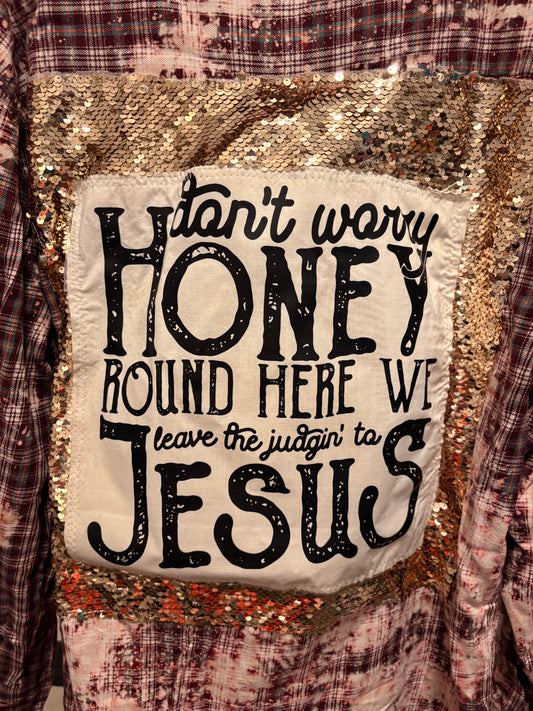 Honey Jesus Flashy Flannel with Sequin Panel Small to XL 4-16